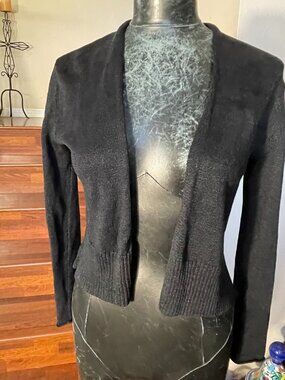 Eileen Fisher Petite PP Open Black Cardigan Sweater Linen Lng Slvs Lightweight